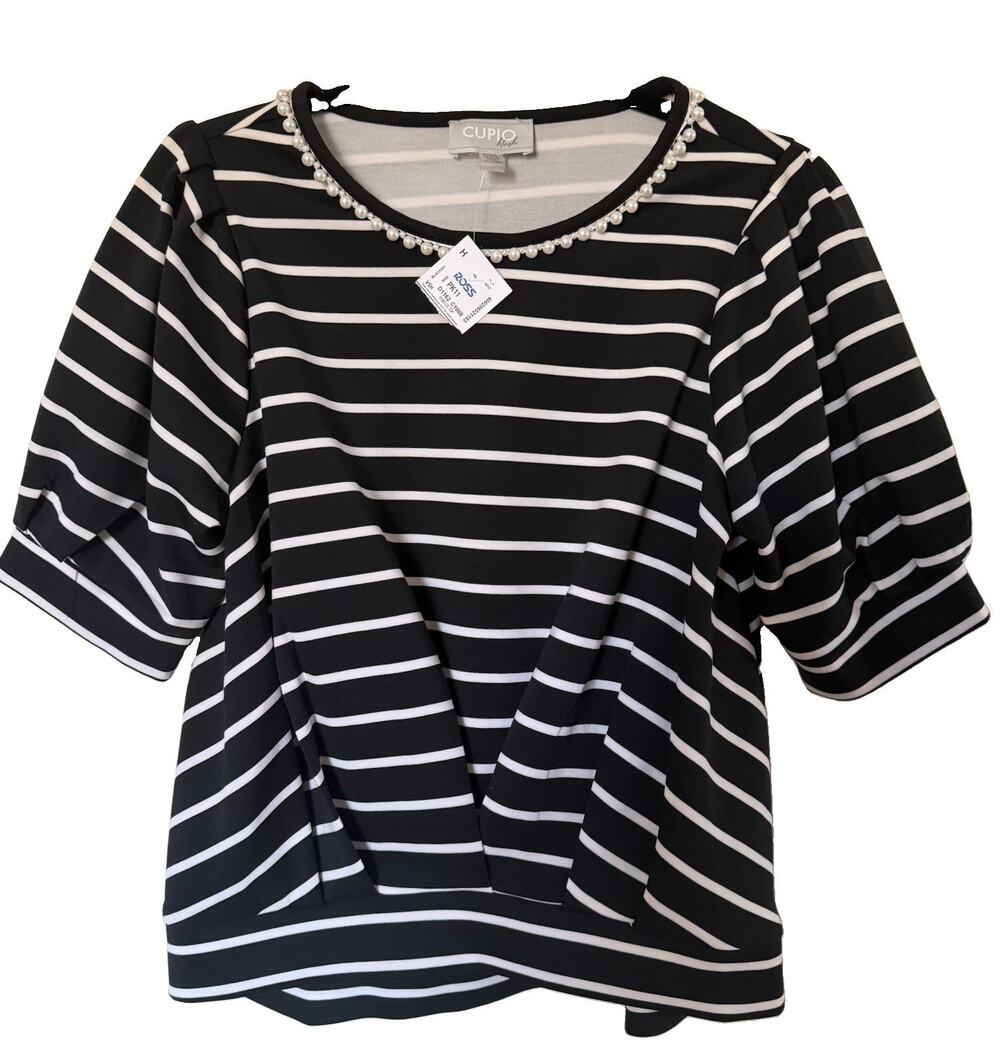 Cupio Blush Women's Black White Striped Pearl Neck Top Short Sleeve Medium NWT